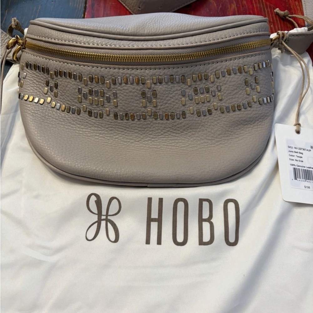 HOBO Taupe Leather Hobo with Gold Stud Accent